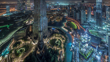 Amazing aerial view of Dubai downtown skyscrapers night to day timelapse, Dubai, United Arab...