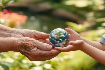 An elderly person and a child holding a globe in their hands