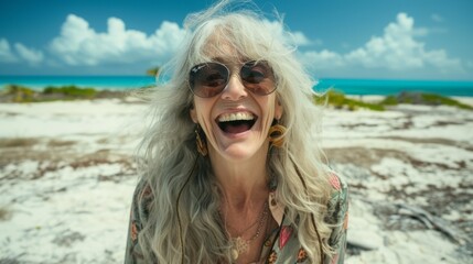 Portrait of a laughing woman with long white hair wearing sunglasses and a floral shirt standing on a beach - 781563884