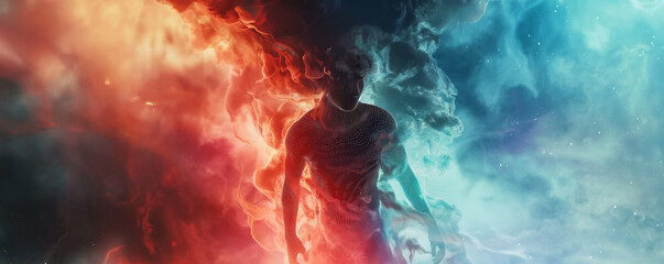Surreal Digital Human Form with Red and Blue Smoke