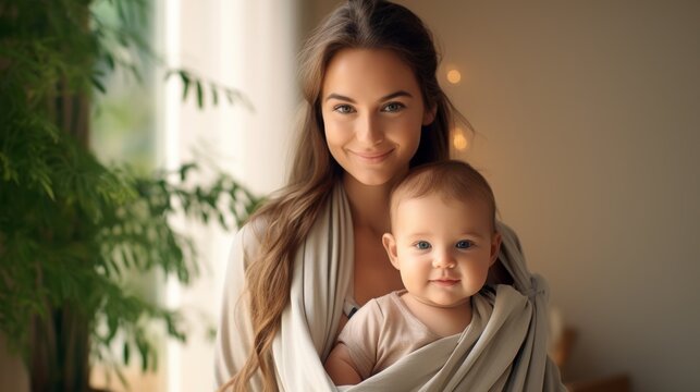 A mother is holding her baby in a baby carrier