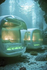 Experience the enchanting glow of bioluminescent lighting in underwater living pods nestled near vibrant coral reef farms.