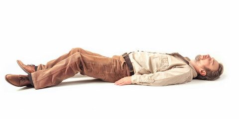 Man Sleeping concept. Senior old man. Eyes closed. Laying on the isolated white background. Can also represent Fainted, dead, relaxed, relaxation, drunk.
