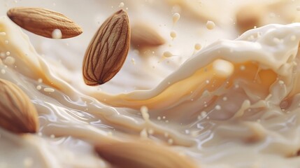 Close up of almond milk splash, capturing the dynamic motion - obrazy, fototapety, plakaty