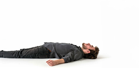 Man Sleeping concept. Businessman in casual pants and shirt. Beard. Eyes closed. Laying on the isolated white background. Can also represent Fainted, dead, relaxed, relaxation, drunk.