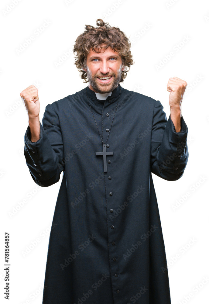 Poster handsome hispanic catholic priest man over isolated background celebrating surprised and amazed for 