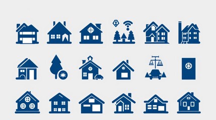 A comprehensive set of blue and white icons depicting various home-related themes such as real estate, insurance, and family life, perfect for web and print