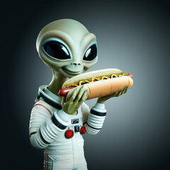 Grinning alien in a spacesuit holding a hot dog over dark background - 781564844