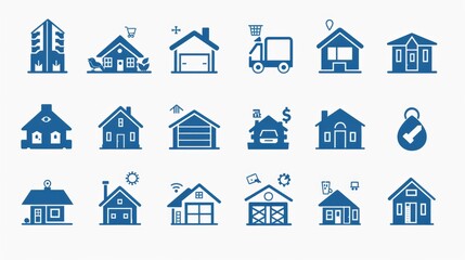 A comprehensive set of blue and white icons depicting various home-related themes such as real estate, insurance, and family life, perfect for web and print