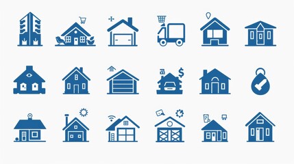 Fototapeta premium A comprehensive set of blue and white icons depicting various home-related themes such as real estate, insurance, and family life, perfect for web and print
