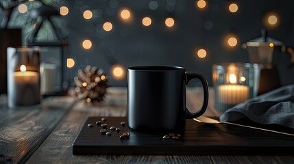 a black mug on a dark polished rosewood slab, accompanied by home accessories and decorative...