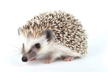 Fototapeta premium A high-quality photograph depicting an inquisitive hedgehog exploring its surroundings on a pristine white background, enhancing the animal's detail