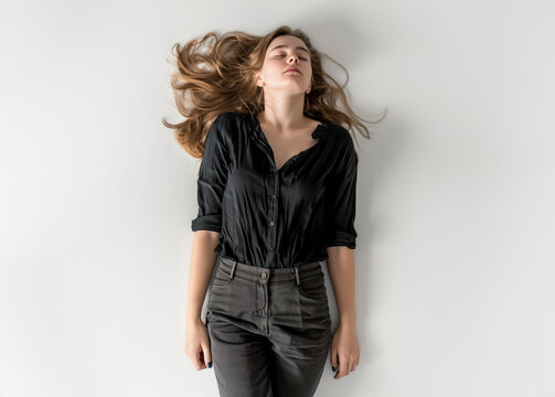 Woman Sleeping concept. Blondish brunette long hair. Eyes closed. Laying on the isolated white background. Can also represent Fainted, dead, relaxed, relaxation, drunk.