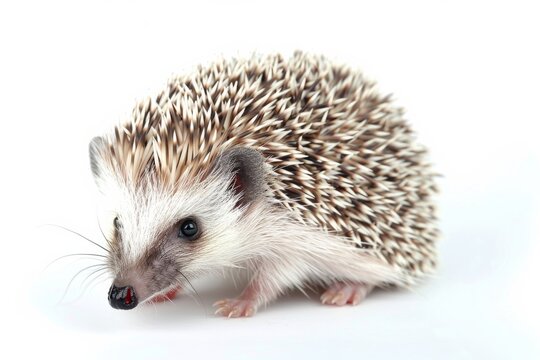 A high-quality photograph depicting an inquisitive hedgehog exploring its surroundings on a pristine white background, enhancing the animal's detail