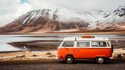 An orange vintage van parked by a serene mountain lake with snow-capped peaks in the background.