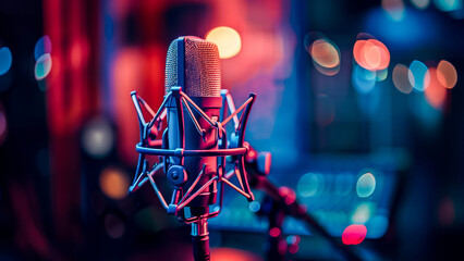 Close-up of a studio microphone with colorful blurred background, highlighting modern audio recording technology. - Powered by Adobe