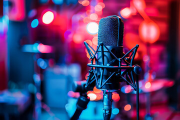 A professional microphone in a recording studio with colorful neon lights creating a vibrant music...