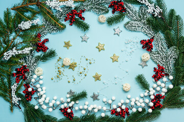 Christmas or winter card. Christmas, winter, new year composition. Flat lay. Winter holiday theme.