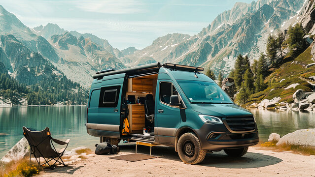 Camper van parked by a serene lake with mountain views, ideal for travel and outdoor adventure themes.