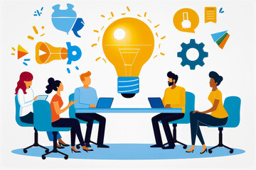 Illustration of a diverse team brainstorming and discussing ideas around a large light bulb at a meeting.