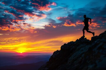 A lone runner ascends a mountain path, the sky above ablaze with the colors of sunset, encapsulating the concept of perseverance and adventure