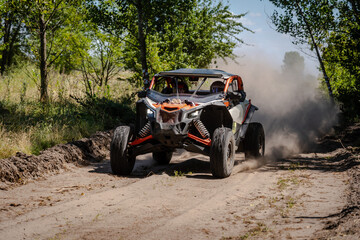 Cool view on UTV, 4x4 off-road vehicle on competition in summer