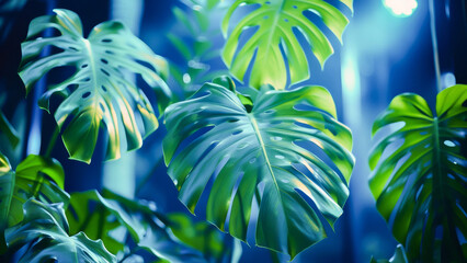 Vibrant green monstera leaves in a tropical setting with a soothing and fresh look, perfect for botanical themes and home decor.