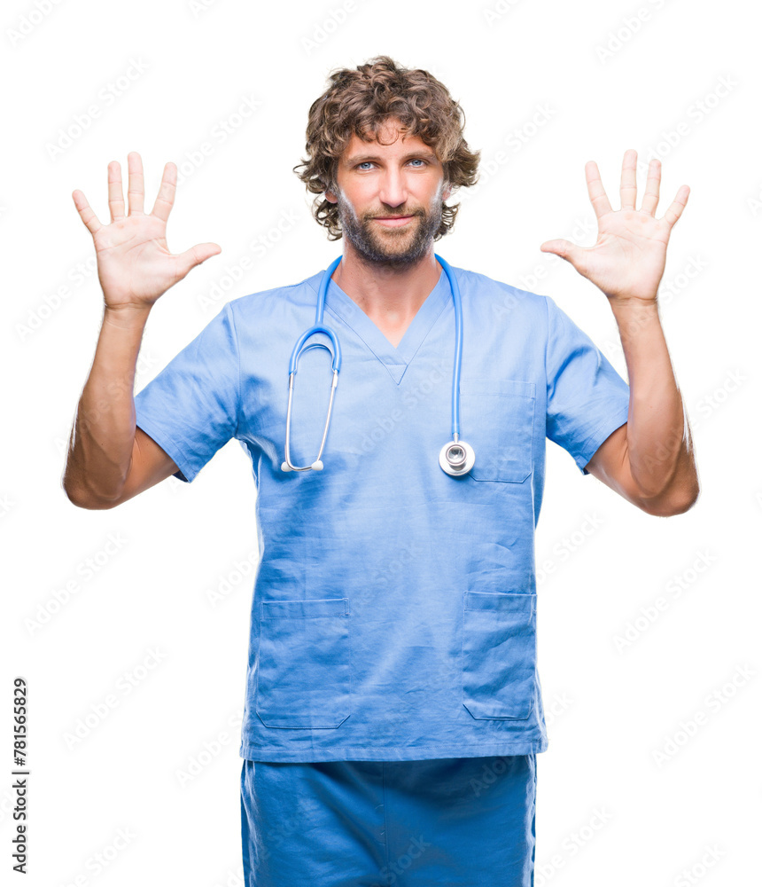 Wall mural Handsome hispanic surgeon doctor man over isolated background showing and pointing up with fingers number ten while smiling confident and happy.