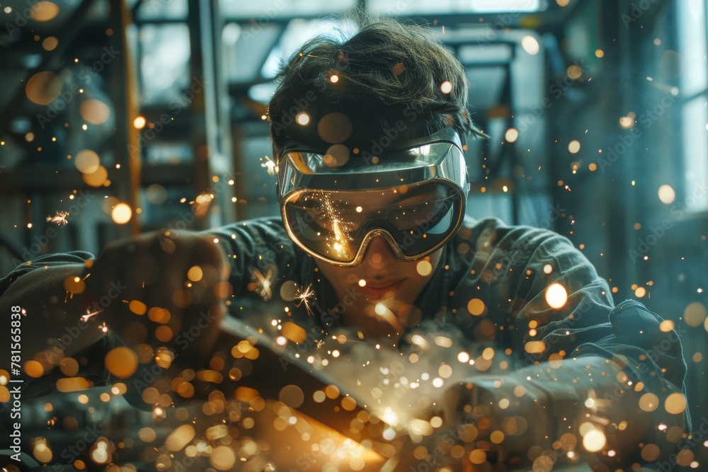 Aufkleber intense scene of a skilled welder at work, with sparks flying in a dimly lit workshop,capturing the 