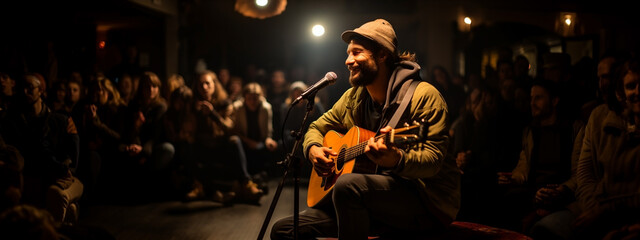 Wide closeup photo of of classic guitar player sitting and playing an acoustic guitar and performing in front of the audience on a stage 