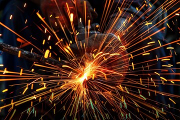 A skilled worker welds components in an industrial environment, the vivid sparks fly reflecting intense labor and precision