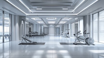 a large gym with small windows, featuring royal grey with white tones, a white floor and ceiling, modern interior, minimalistic design, and prominent doors.