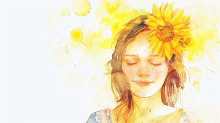 Obraz na płótnie Canvas A serene illustration of a young woman with a sunflower in her hair, surrounded by a watercolor splash