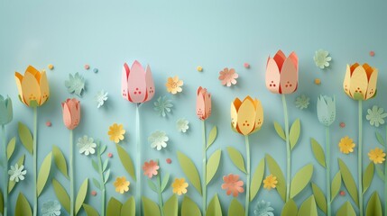 Handcrafted paper floral garden with red, pink, yellow, and orange tulips on teal background....