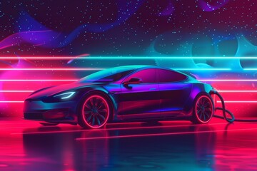 Fototapeta na wymiar Black electric sports car charging under neon lights with vibrant red and blue glow, futuristic background