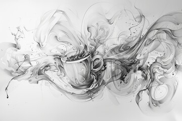 Dynamic black and white abstract artwork featuring a coffee cup creating a splash effect - obrazy, fototapety, plakaty