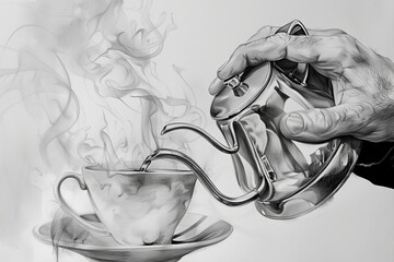 A finely detailed hyperrealistic pencil sketch of a hand pouring tea into a cup with rising steam