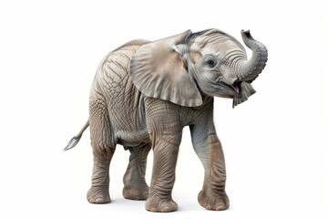 Adorable baby elephant standing with its trunk raised in a lively pose, presented on a clean white background
