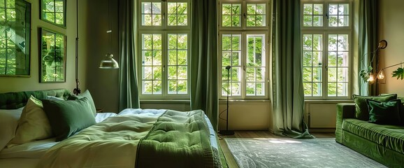 Beautiful bedroom with double bed with green linen, green couch and windows.