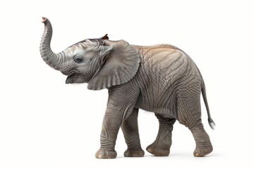 This image captures a youthful elephant raising its trunk, symbolizing joy and playfulness in the animal kingdom