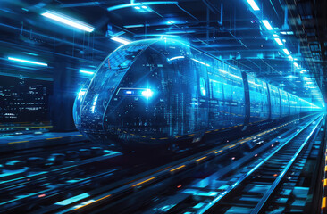 A future train with only one section is running on the track, far perspective, cyberpunk style blue virtual train - obrazy, fototapety, plakaty