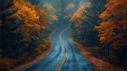 curvy road in a forest covered in yellowing trees and dried leaves in autum - obrazy, fototapety, plakaty