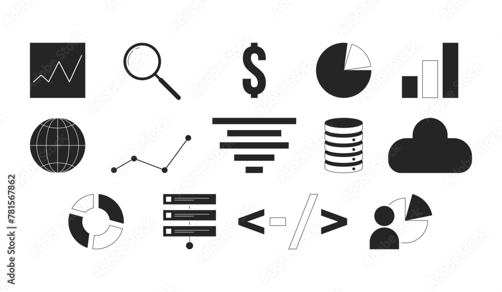 Wall mural analytics database management black and white 2d line cartoon objects set. planning, charts, cloud s
