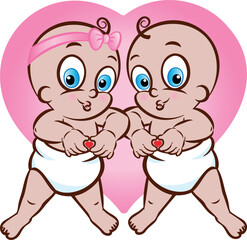 Vector illustration of a baby boy and girl in diapers making a heart sign or shape - 781568088