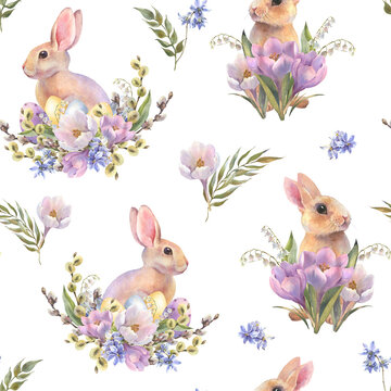 Watercolor Easter seamless pattern. Hand painted holiday wallpaper design with rabbits, leaves and spring flowers on white background. Vintage style spring texture.