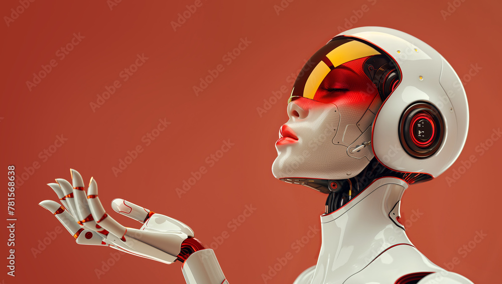 Aufkleber robot with a human-like female face and visor with open palm gesture over minimal background