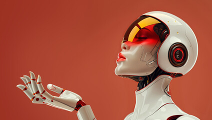 Robot with a human-like female face and visor with open palm gesture over minimal background - obrazy, fototapety, plakaty