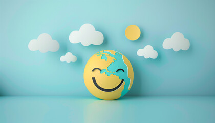 Joyful Earth Emoji on Light Blue Background with Playful Paper-cut Clouds and Sun, Happy Earth Day Concept, with copy space