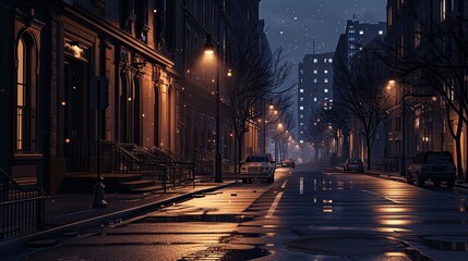 a city street at night, devoid of cars, with a dark night style that exudes a sense of tranquility and mystery.
