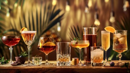 A selection of fine spirits and liqueurs in various glasses, with a warm, inviting backdrop ideal for a tasting event - obrazy, fototapety, plakaty